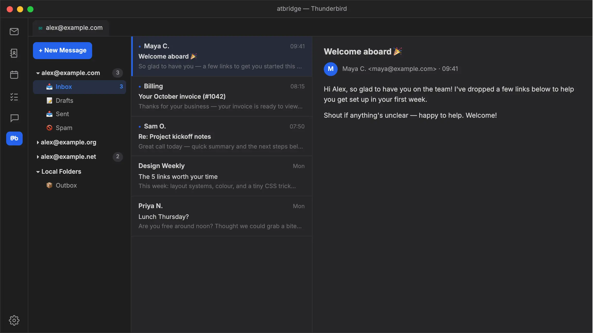 atbridge inside Thunderbird: the @bridge AI Chat picks an AI provider, then answers how many unread emails are in each mailbox across several accounts.