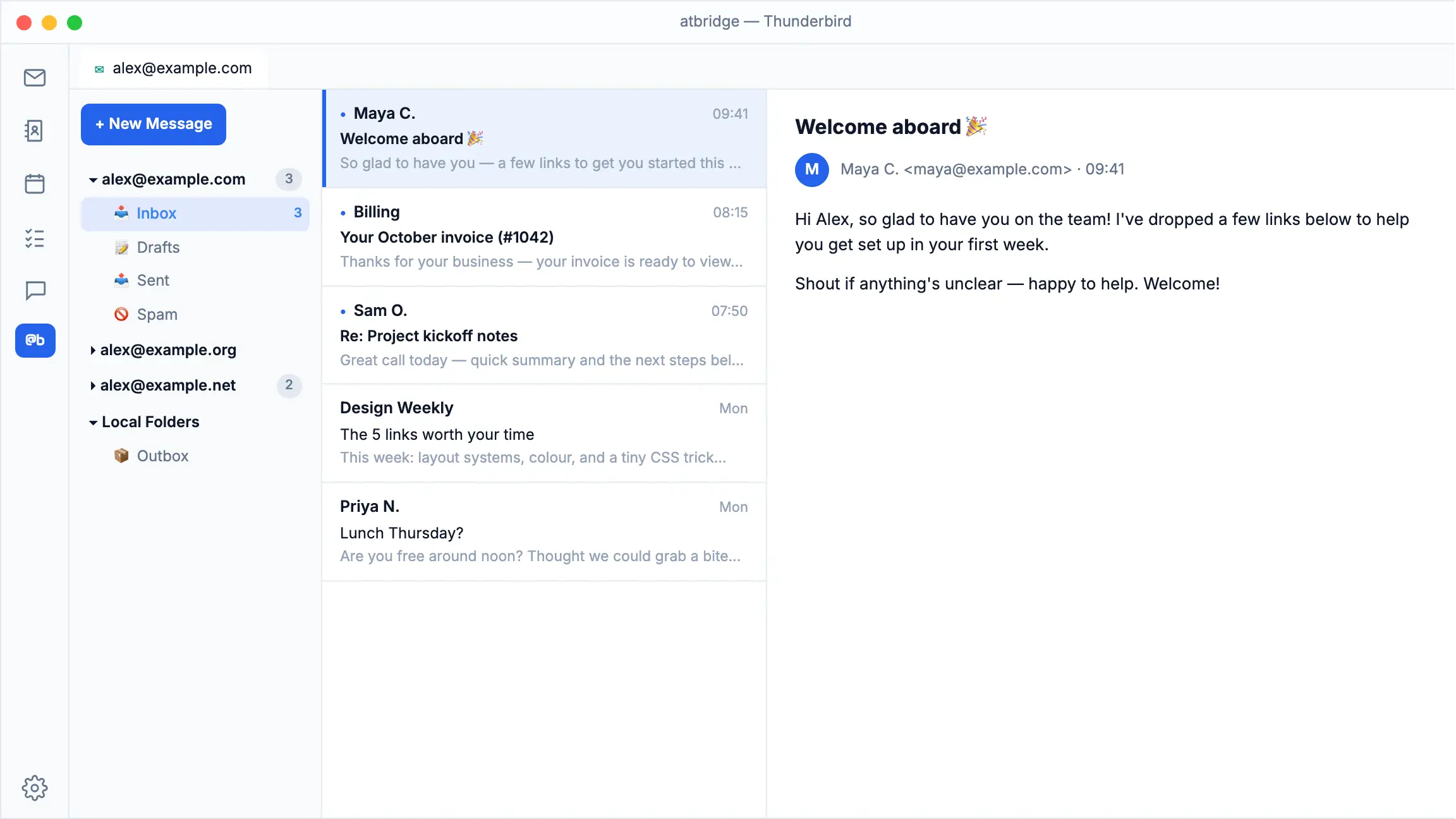 atbridge inside Thunderbird: the @bridge AI Chat picks an AI provider, then answers how many unread emails are in each mailbox across several accounts.
