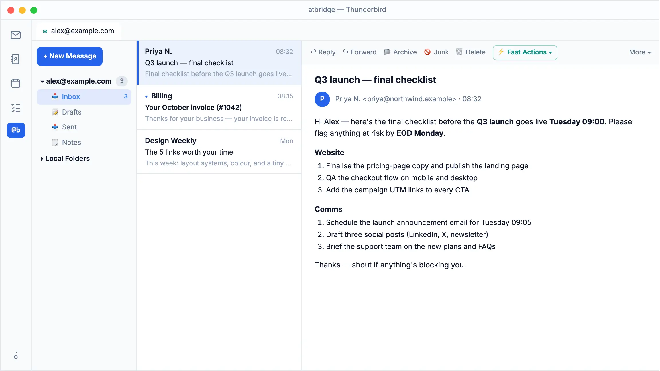 atbridge in Thunderbird: the Fast Actions menu on an open email saves it to @bridge Notes as a clean markdown note in one click.