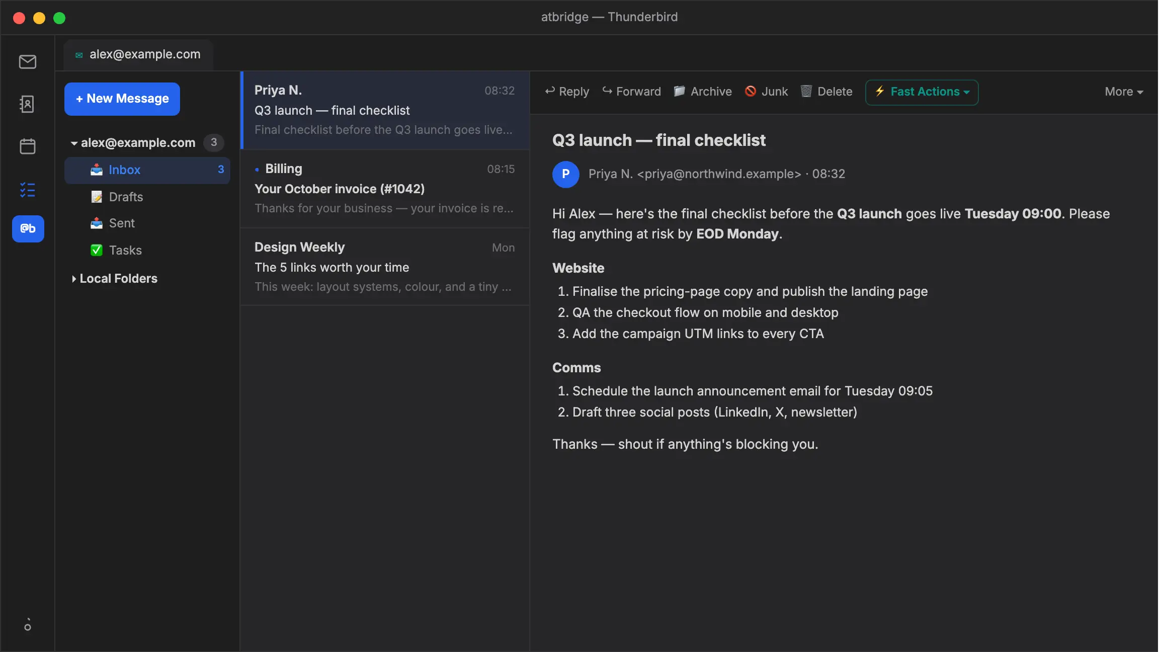 atbridge in Thunderbird: Fast Actions extracts the action items from an open email into a checklist, then creates them as Thunderbird tasks in one click.