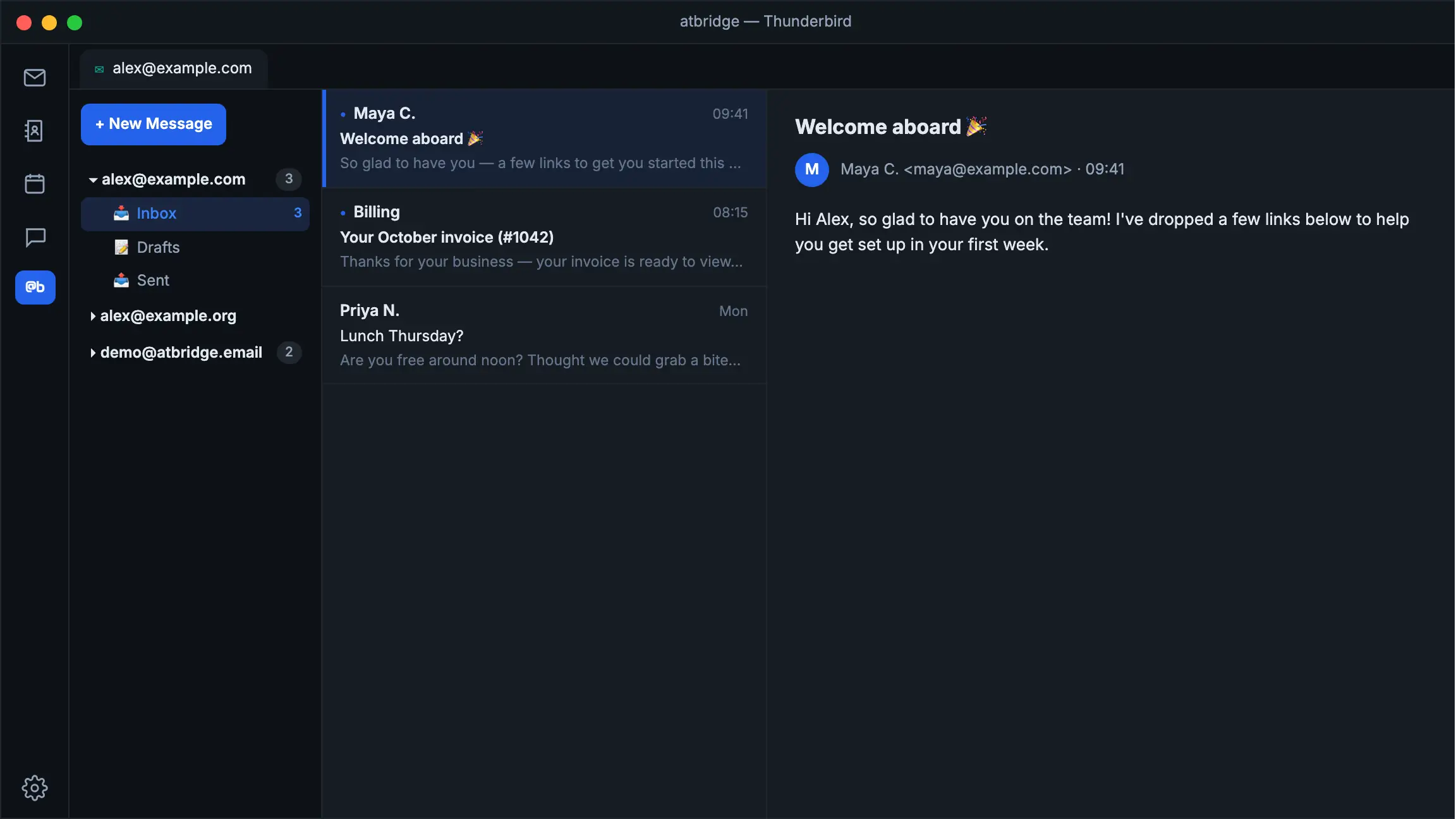 Opening the atbridge.ai settings in Thunderbird: click the @b button in the activity bar to open the @bridge AI Chat, then click the gear icon to open the atbridge.ai Settings page on the Status panel.