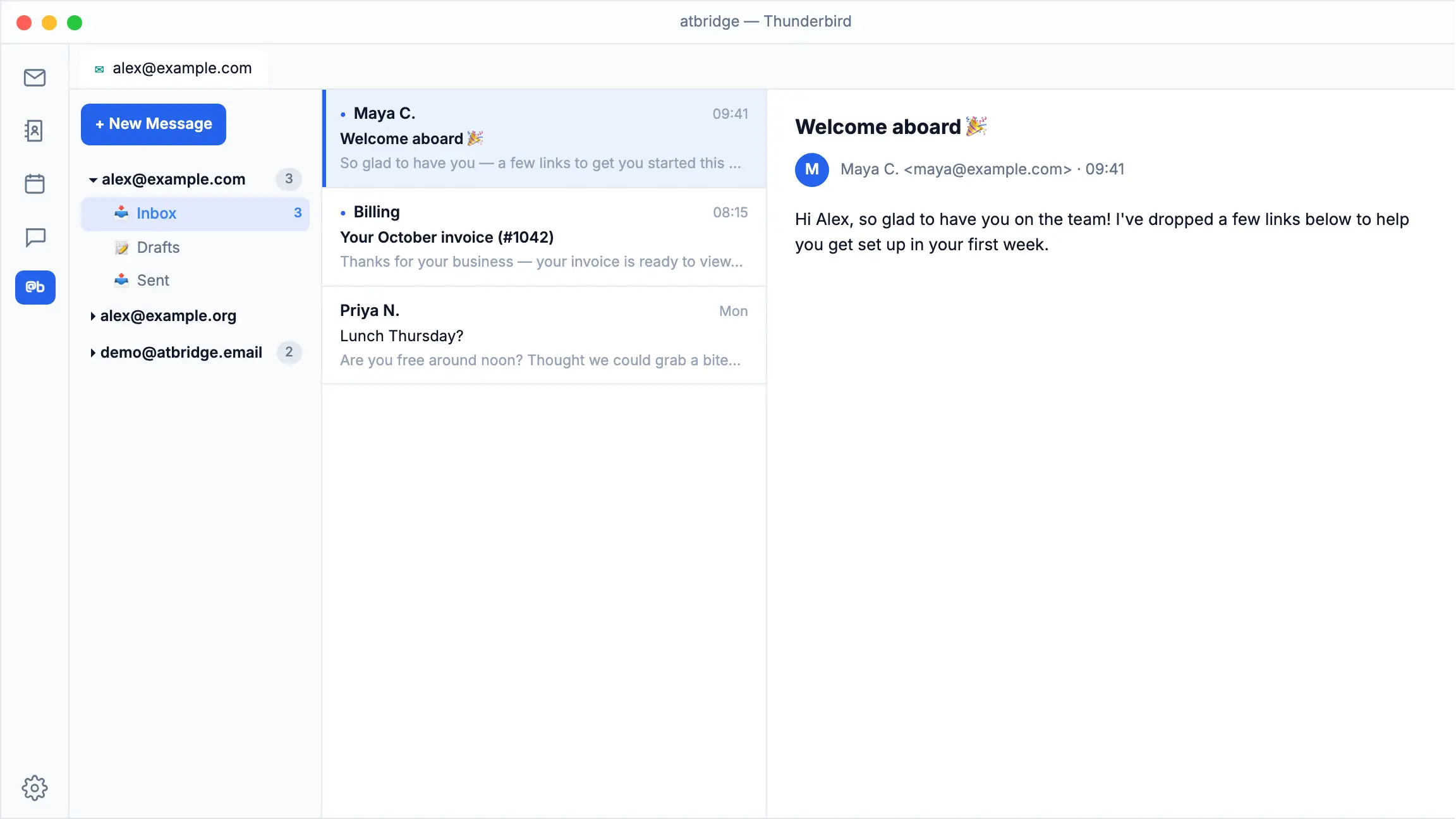 Opening the atbridge.ai settings in Thunderbird: click the @b button in the activity bar to open the @bridge AI Chat, then click the gear icon to open the atbridge.ai Settings page on the Status panel.