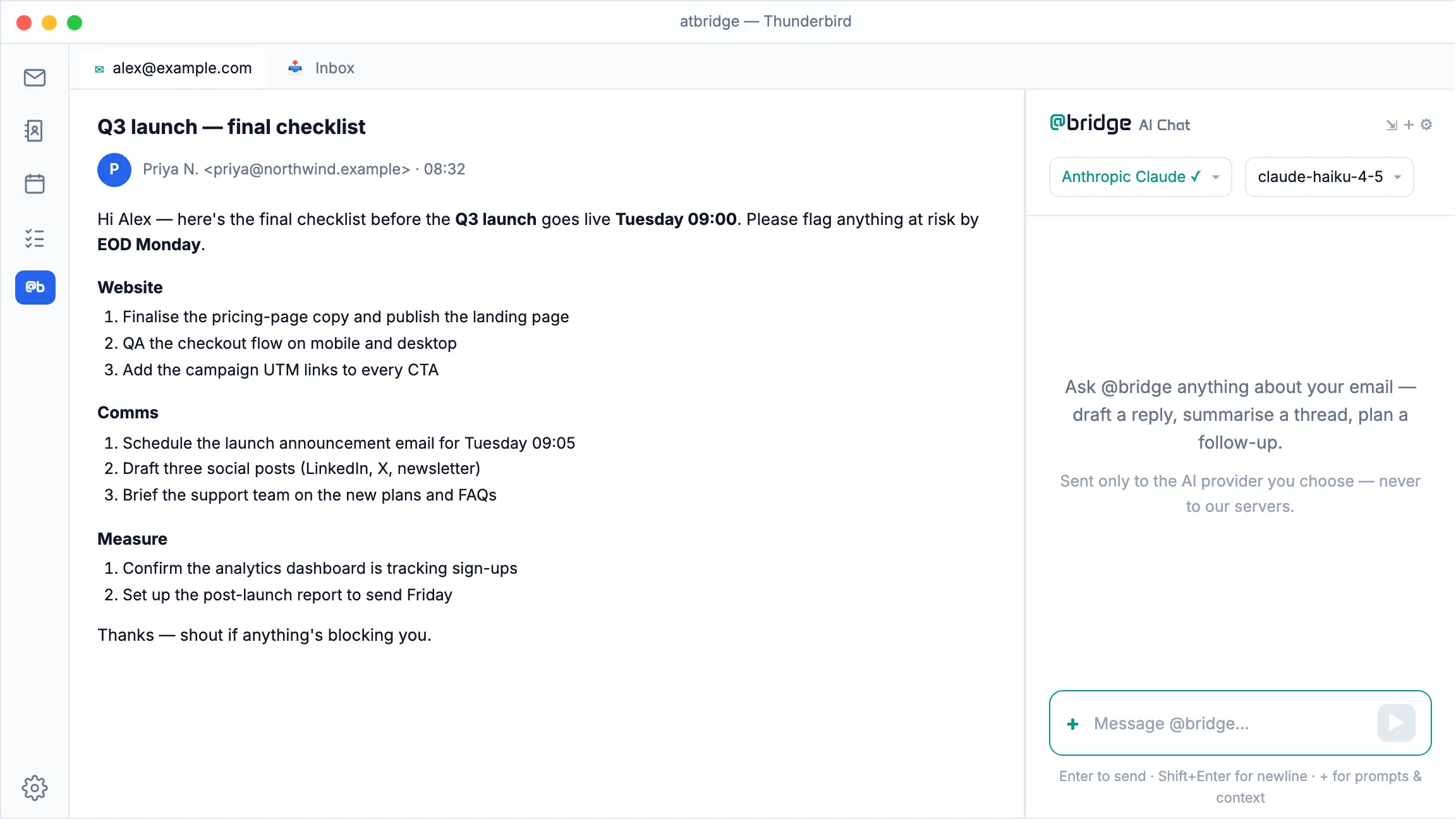 atbridge in Thunderbird: with an email open, the @bridge AI Chat dock opens the prompt library, picks "Summarise the open email", and returns a 3-point summary of what the sender wants, anything time-sensitive, and what to do.